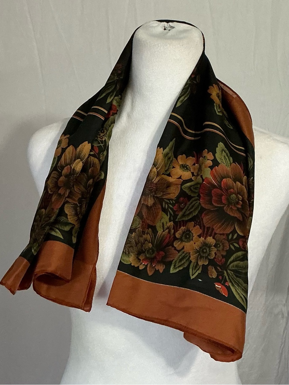 Floral Satin-Feel Scarf in Black and Rust